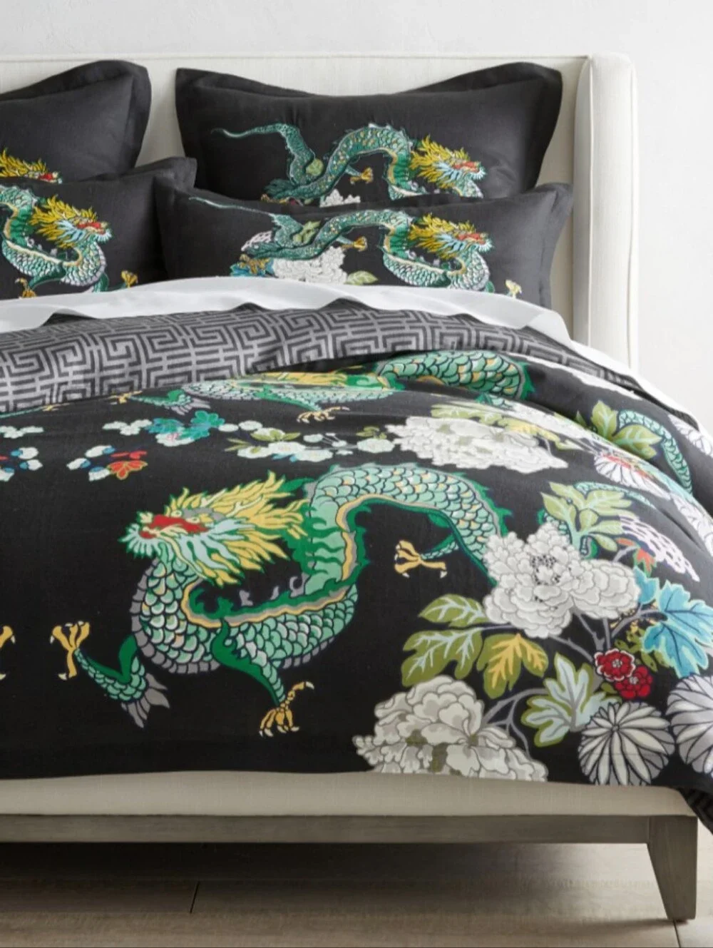 Schumacher QUEEN Duvet Chiang Mai Dragon Print Duvet Cover - Rare - 100% Linen